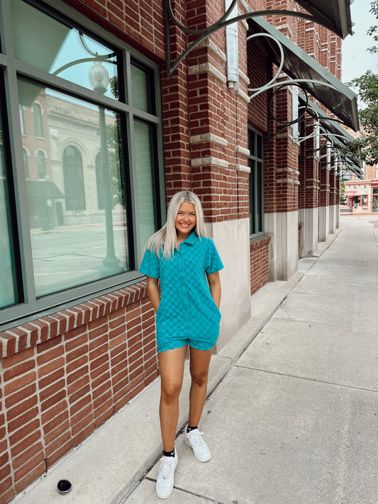 Ready, Set Terry Cloth Romper - Teal